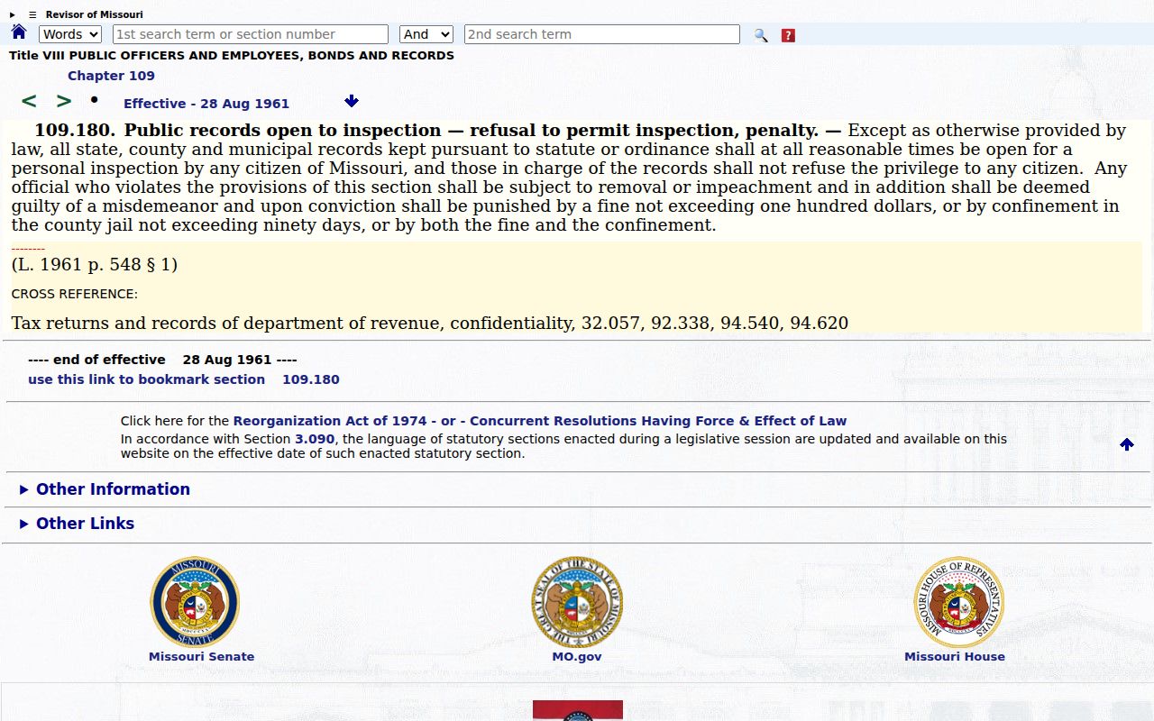 Official Missouri public-record access statute relevant to Henry County court records