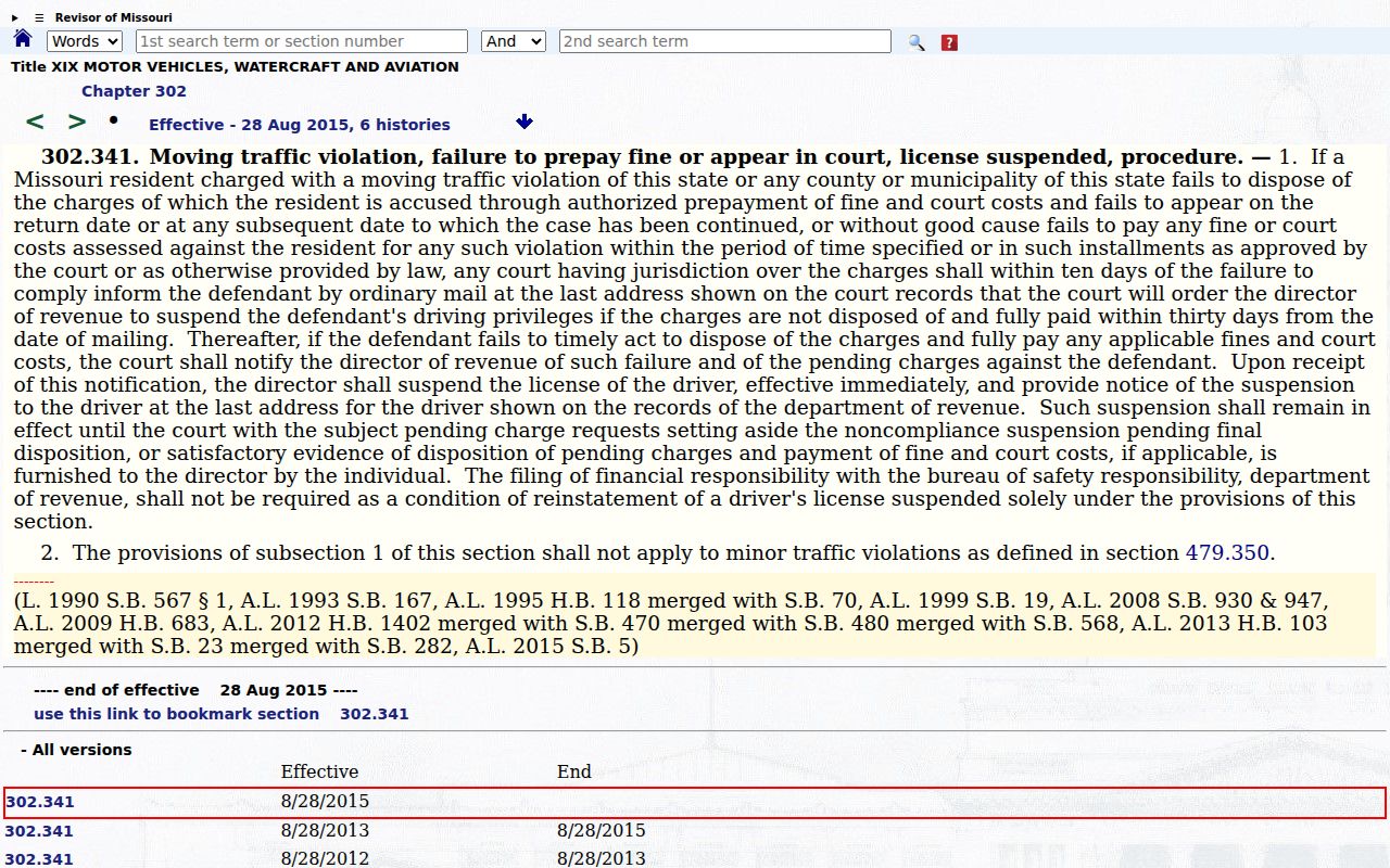 Henry County traffic court failure to appear and pay Missouri statute